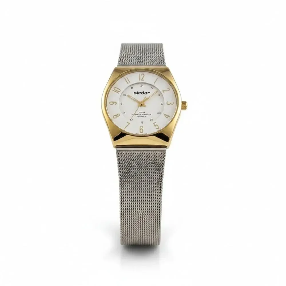 Sharp Womens Watch White Dial Gold Case Silver Mesh Bracelet Quartz Analog